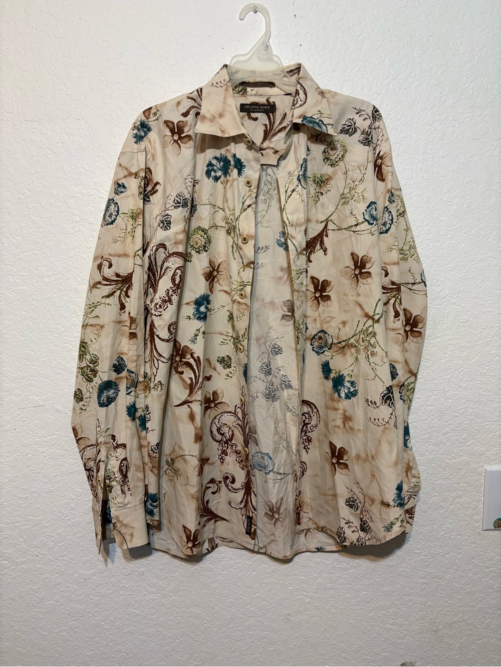Tommy Bahama island soft Beige Floral Print Shirt with Blue & Brown
